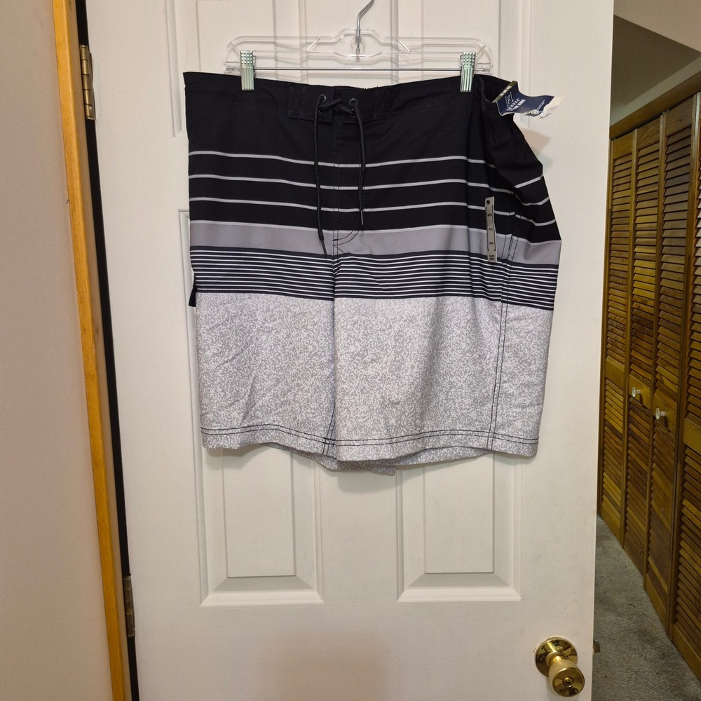 George Mens XL 40-42 Board Shorts Black Gray White Striped Swim Trunks NWT